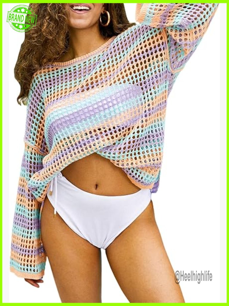 Women Crochet Cover Up Striped Beach Coverup Top Swimwear